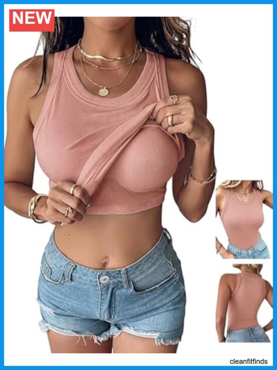 Tops - Women's Built-in Bra Tank Top Sleeveless Racerback Ribbed Fitted Casual Shirt
